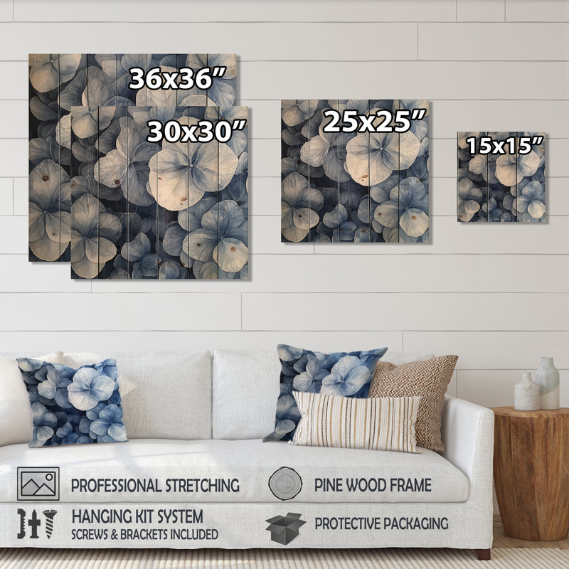 Hydrangea Cluster With Blue Petals II - Hydrangea Wood Wall Art - On Natural Pine Wood, 36" H x 36" W x 0.78" D