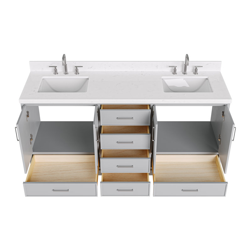 Ensemble de meuble-lavabo double 72,25 po avec plateau en quartz Abshire, Gris