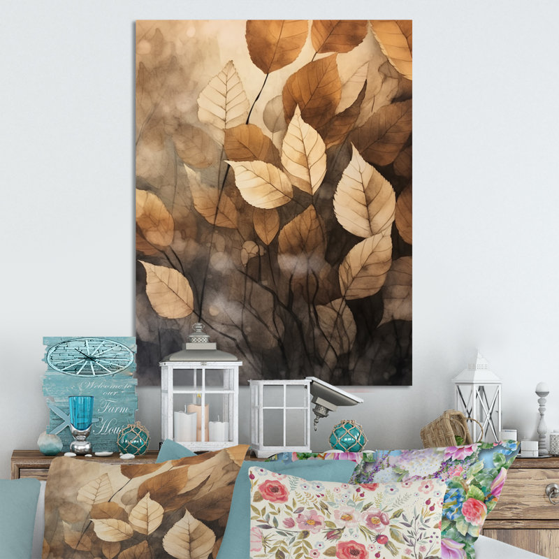 «Brown Beige Leafs Harmony V», art mural floral en métal, H 40 po x l 30 po x P 1 po