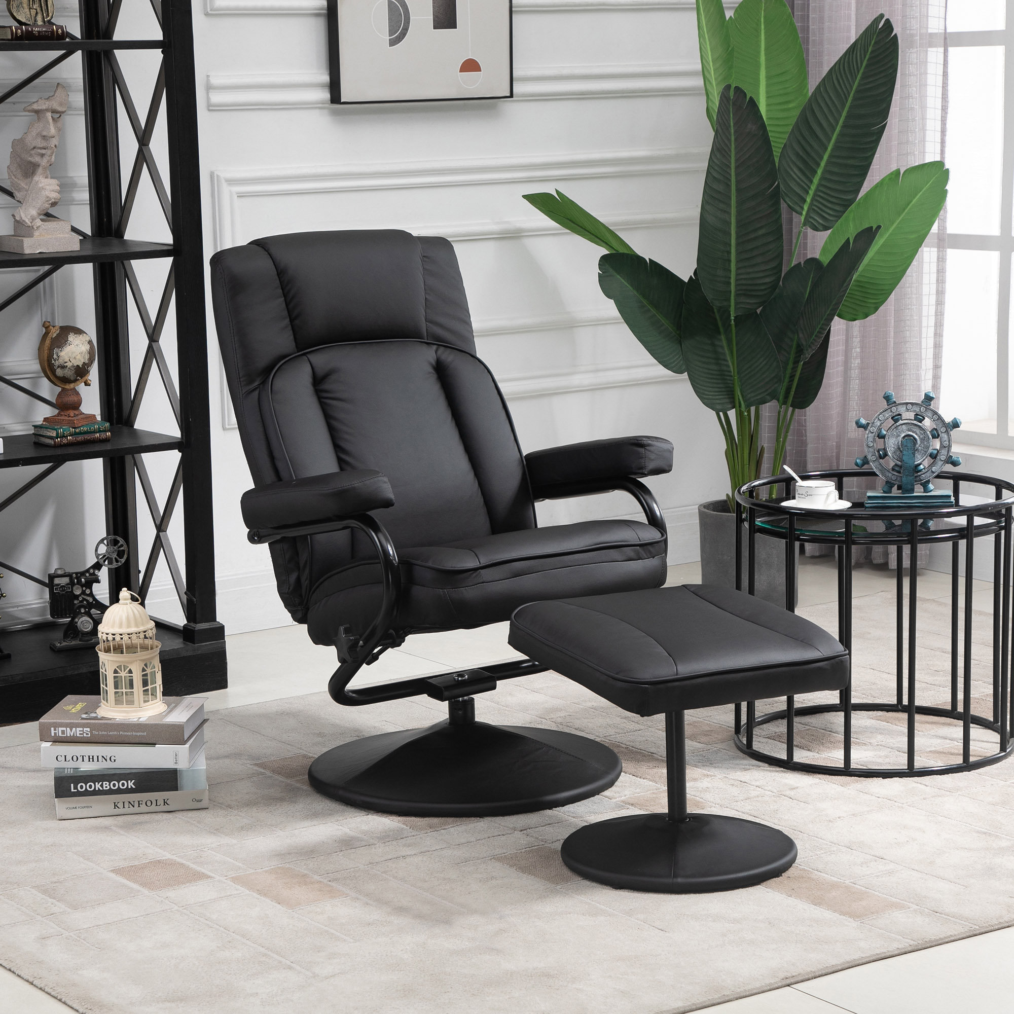 Inbox Zero Swivel Recliner, Manual PU Leather Armchair With Ottoman ...