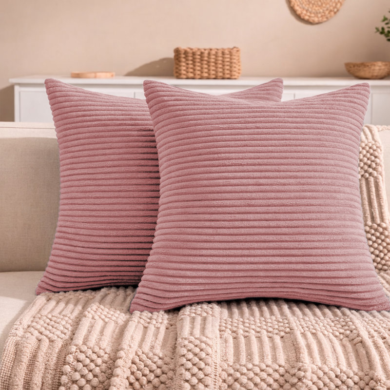 Aspire Homeware Striped Square Velvet Cushion Cover, Light Pink, Pack of 2