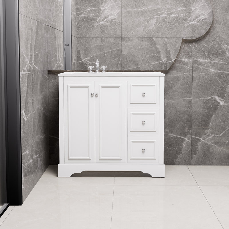 White 36-Inch Transitional Bathroom Vanity With Ceramic Sink, 2 Soft-Close Doors, An Adjustable U-Shaped Shelf, 3 Drawers (Including One With Partition), Painted Finish, Ample Storage.