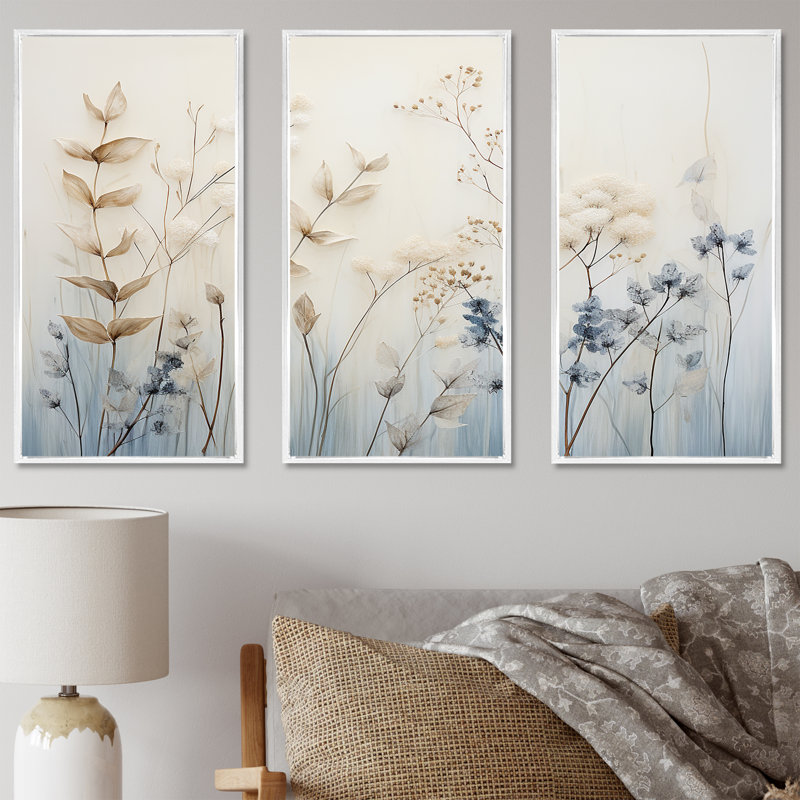 «Beige and Blue Herbs Minimal Harmony - Floral Herbs», ensemble de reproduction d'art mural, Cadre flottant blanc