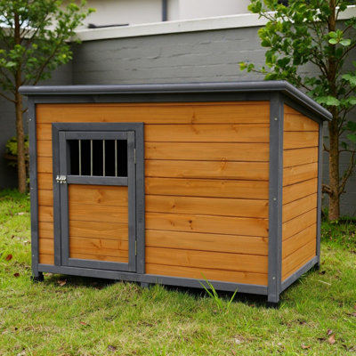 45"Large Solid Wood Dog House, Waterproof PVC Plastic Roof, Breathable Wooden Doors