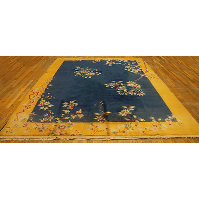 Wool Blue Hand Knotted Pile 1920s Floral Rectangle Antique Rug