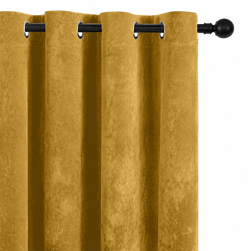 Thermal Velvet Curtains with Eyelet Ring Top - Crushed Velvet Drapes Pair, 117cm Width x 137cm Drop, Ochre