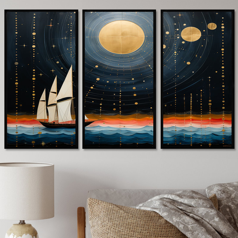Voilier guidé par Dieu, pleine lune, océan, tranquillité - ensemble d'art mural paysage abstrait, Cadre flottant noir