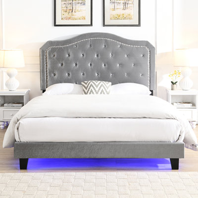 Button Grey Velvet Upholstered Bed For Queen - Curve Design Wood Slat Support Led Lights Simple To Assemble No Box Spring Necessary With Tufting In Gray Strong Foundation Ambiance Easy Assembly