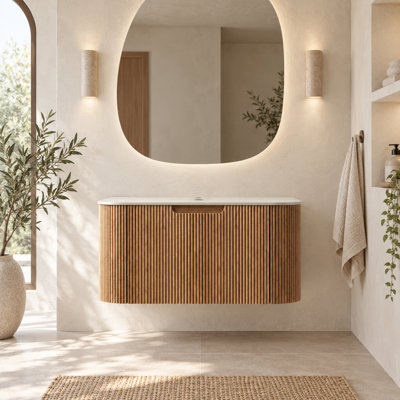 30" Modern Wall-mounted Bathroom Cabinets With 1 Drawer, Beige Sintered Stone Vanity Top & Brown Wood Cabinet, No Sink Included
