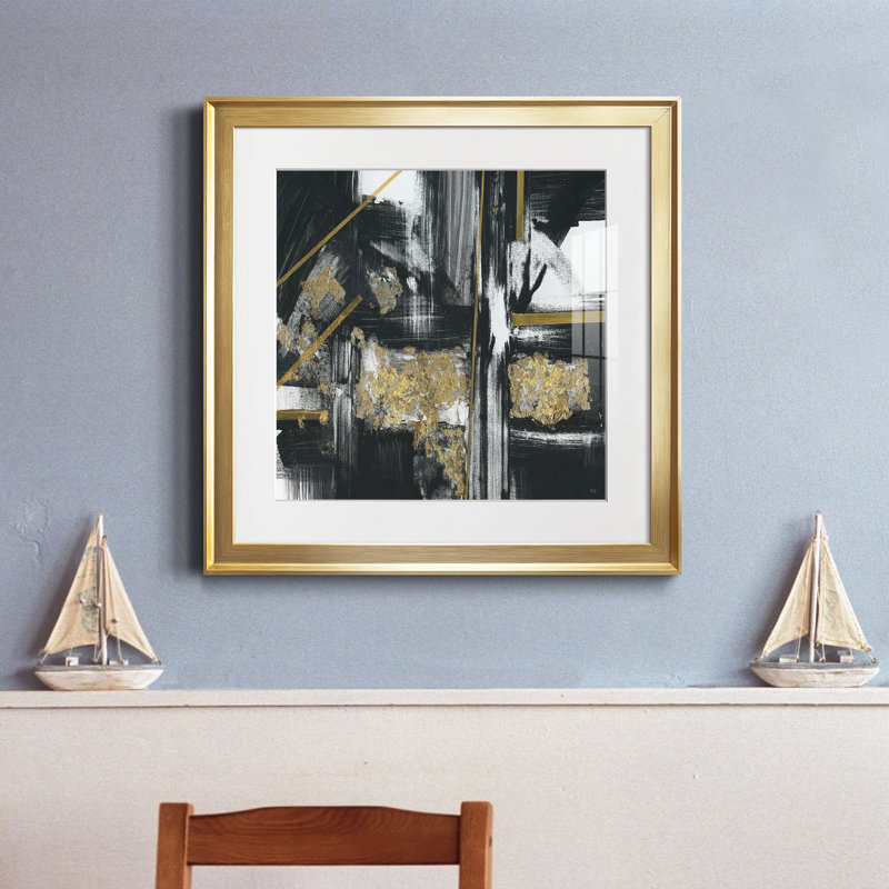 Encre sur papier - Peinture encadrée, Papier encadré doré, H 17,5 po x l 17,5 po x P 1,5 po