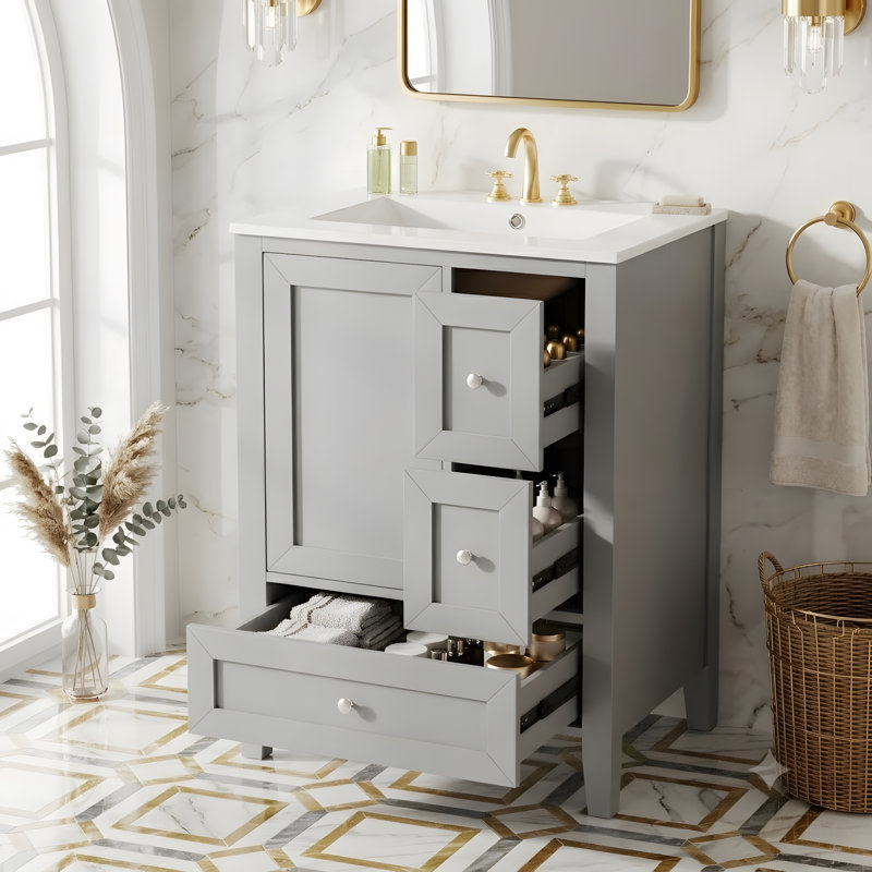 Meuble-lavabo autoportant 24 po avec lavabo 24 po, 3 tiroirs et portes à fermeture en douceur, Grey
