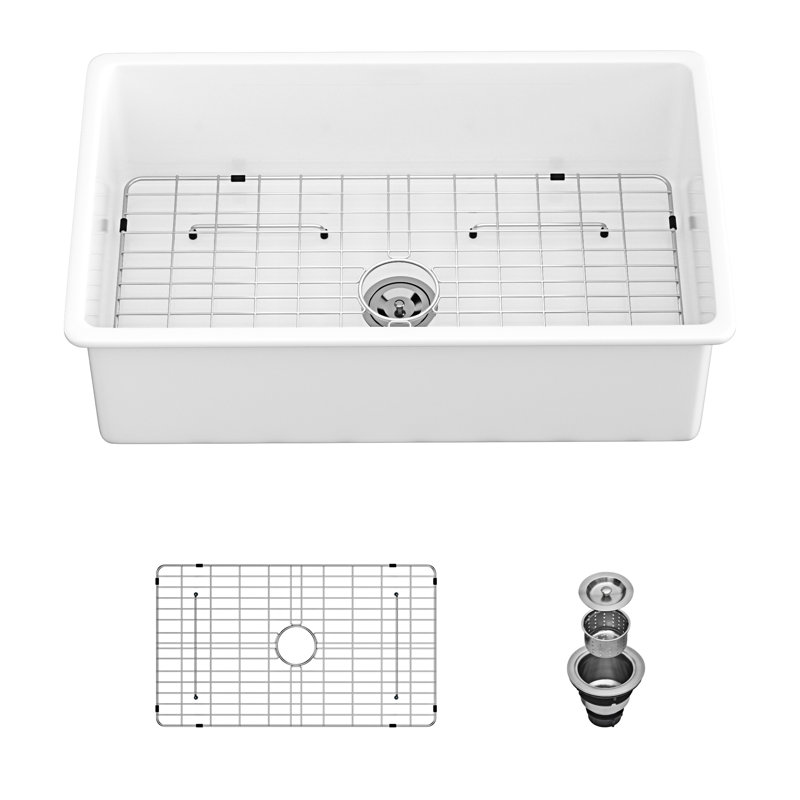 32" White Ceramic Undermount Single Bowl Kitchen Sink