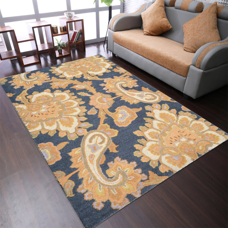 Akain Hand Tufted Wool Eco-Friendly Area Rugs - Round, Dark Blue Color, Floral Modern Design, High Pile Thick Handmade Anti Skid Area Rugs for Living Room, Bed Room