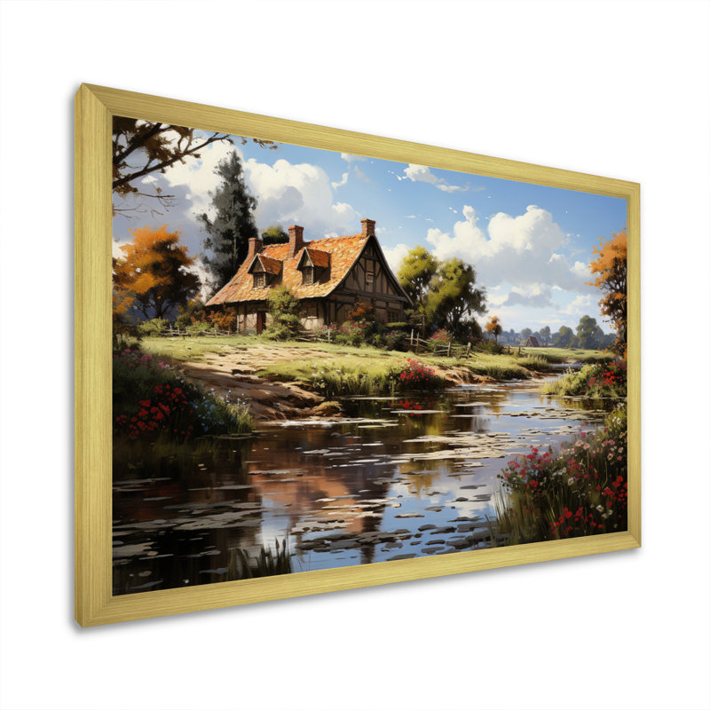 Danemark, campagne, idylle sur toile, H 16 po x l 32 po x P 1 po, Encadrement doré