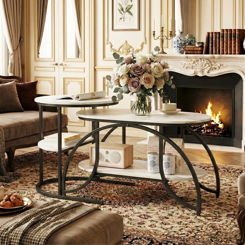 Oval & Round Nesting Coffee Tables (80+52Cm), High-Low Marble Effect Duo With 4-Tier Storage, Black