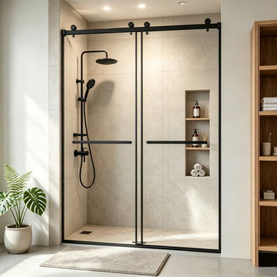 Porte de douche coulissante double semi-sans cadre MonBlari, l 55-60 po x H 76 po, verre trempé de 3 mm d'épaisseur avec film anti-déflagrant, quincaillerie en acier inoxydable, noir mat
