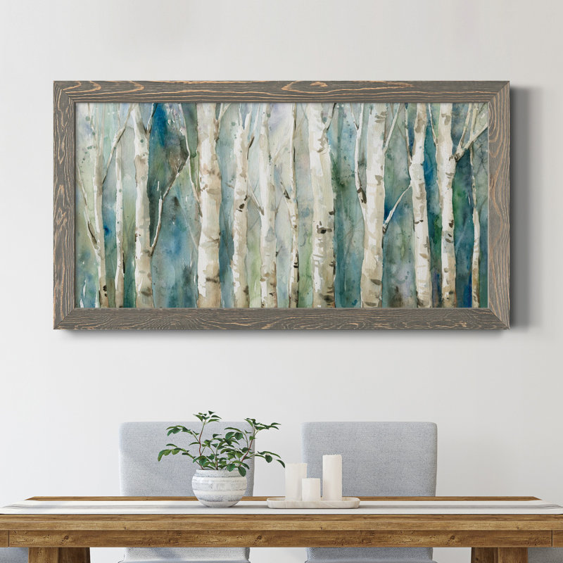 " Birch River Walk " Painting Print, Gray Framed