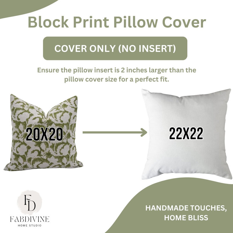 Block Print Throw Pillow Cover, 30 Inch Thick Linen Decorative Cushion Cover, 24" x 24", White/Green