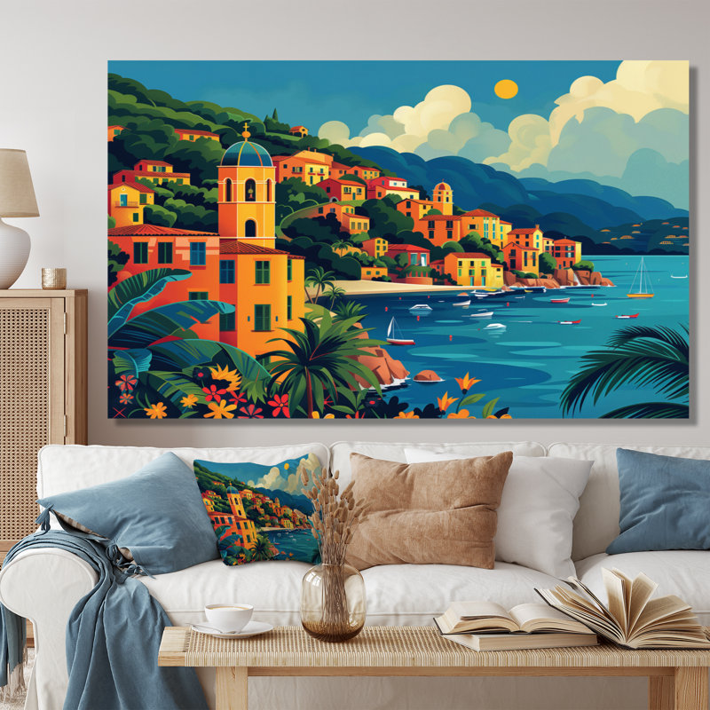 Orange, bleu, riviera italienne, art mural Italie, Toile tendue, H 30 po x l 40 po