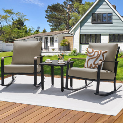 3 Pieces Outdoor Patio Furniture Conversation Set With 2 Metal Rocker Chairs