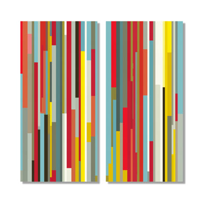 Red Yellow Colorful Abstract Shadow Lines - Geometric Canvas Art, Red Modern Wall Art 2 Piece