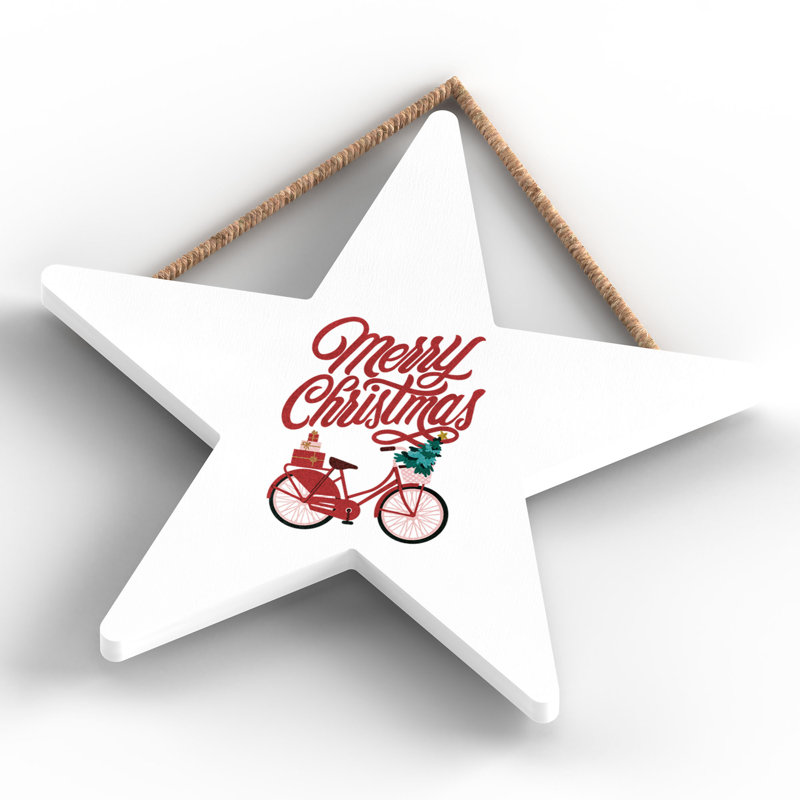 Xmas Merry Christmas Bicycle Wooden Star Plaque