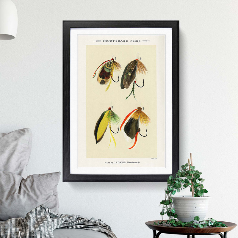 Trout & Bass Fishing Flies by Mary Orvis Marbury - Picture Frame Painting Print, 76cm H x 50cm W x 2cm D, Black