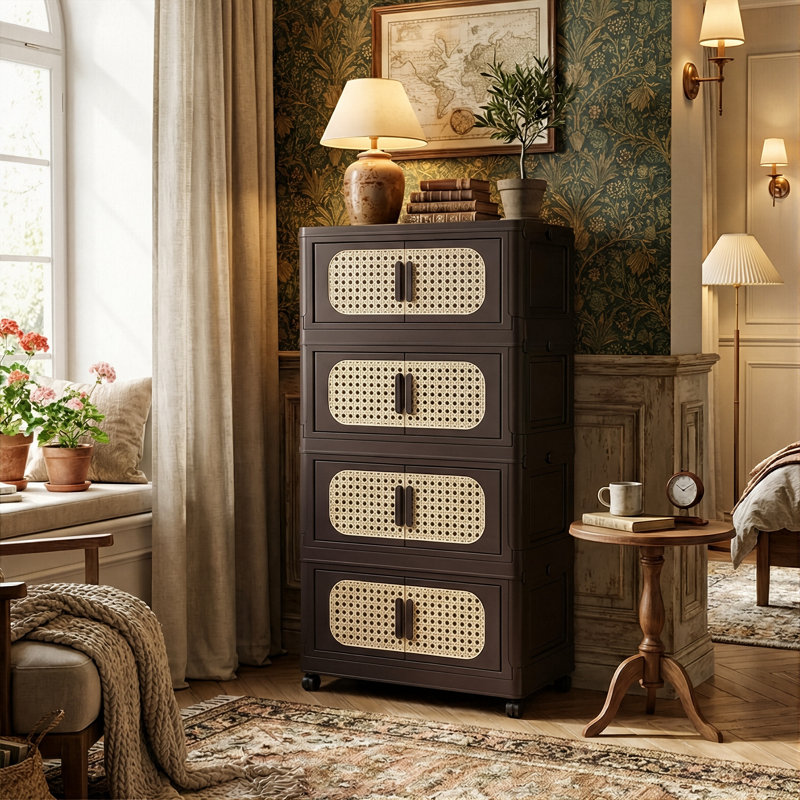 Armoire de rangement pliante à 4 niveaux de 20 po de largeur avec roulettes et bac de rangement pliable en plastique avec portes magnétiques (noir / noir rétro / brun rétro / bleu-rose)