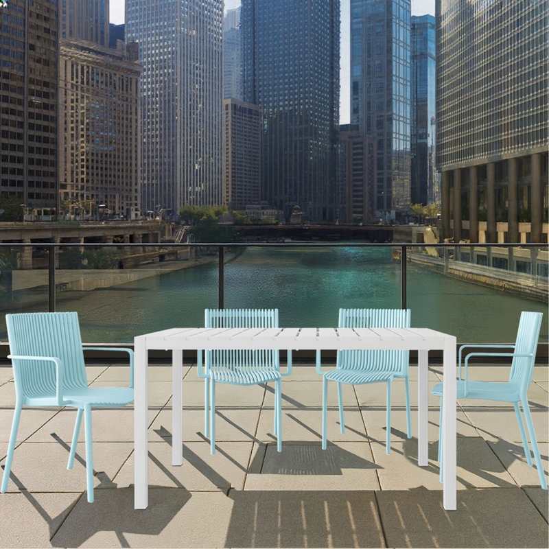 Holiday - 4Pcs Stackable PP Armchair For Indoor/Outdoor Use – Ergonomic Slatted Back With 55 Inch White Modern Long Table - Indoor/Outdoor- Lightweight PP Tabletop With Metal