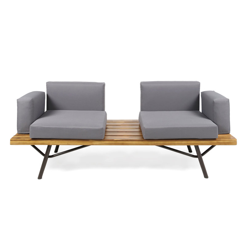 Outdoor Acacia Wood 2 Seater Sofa With Metal Legs For Garden Patio