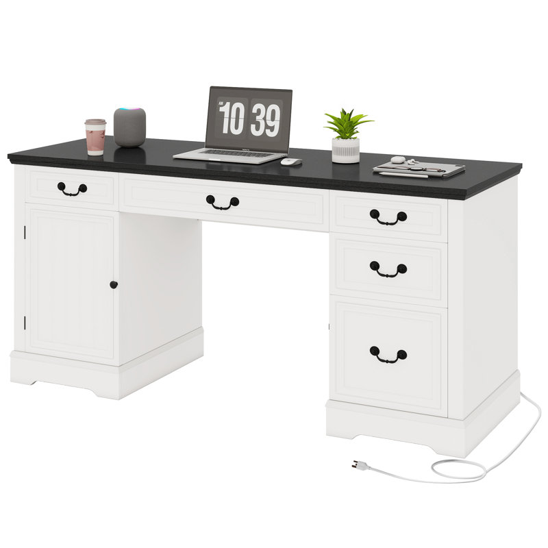 59'' W Rectangle Computer Desk With Storage Cabinet, Drawers & Keyboard Tray