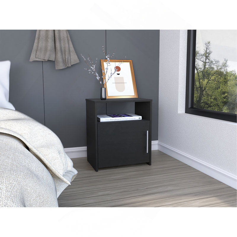 Nordico Nightstand , End Table, Side Table One Shelf, Single Door Cabinet, Metal Handle -Black, Black