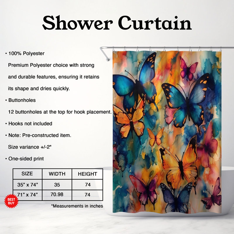 Rideau de douche standard 1 pièce Butterfly Color Burst, H 74 po x l 71 po