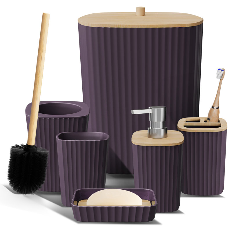 Ensemble complet d'accessoires de salle de bain 6 pièces avec accents en bambou, poubelle et brosse de toilette inclus