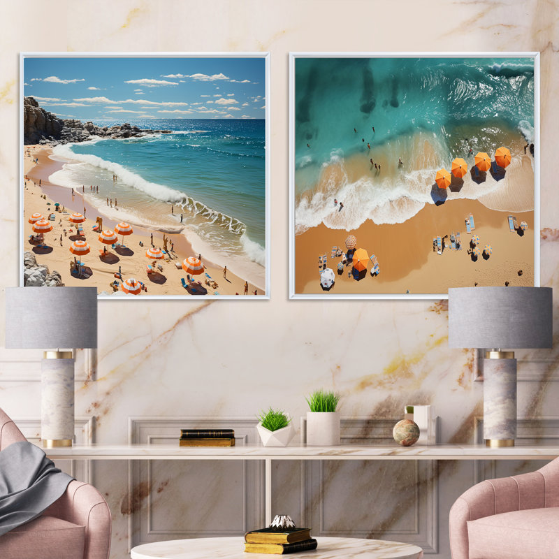 Beach Sunkissed Sands II - ensemble de 2 collages nautiques et carrés de plage, Cadre flottant blanc, H 36 po x l 73 po
