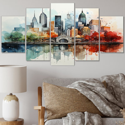 «Colorful Nyc Cityscape Watercolor I - New York City, reproduction sur toile - 5 panneaux