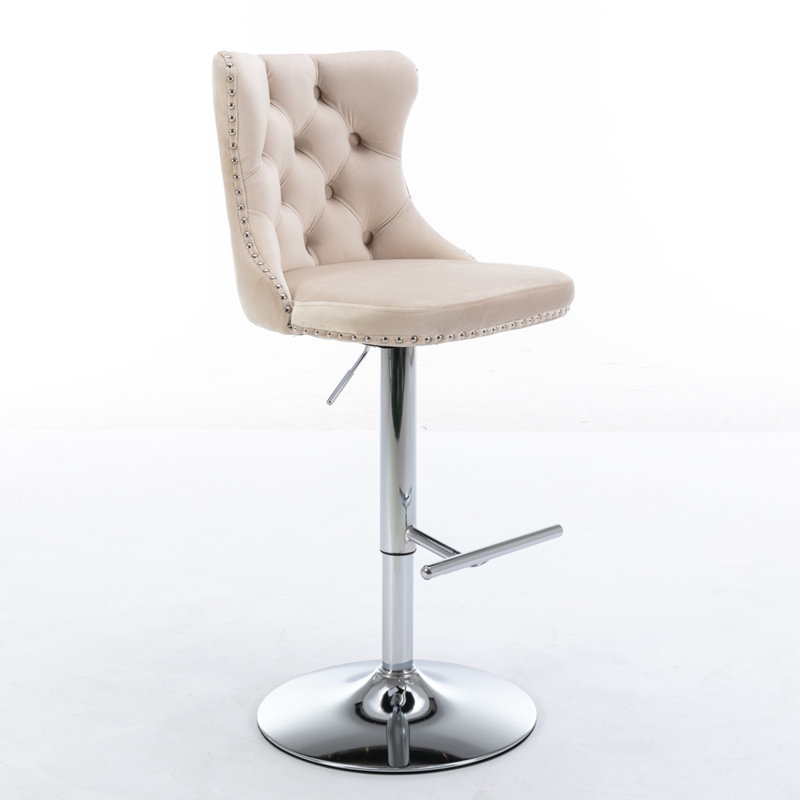 Swivel Velvet Barstools with Adjusatble Seat Height, Beige, Silver