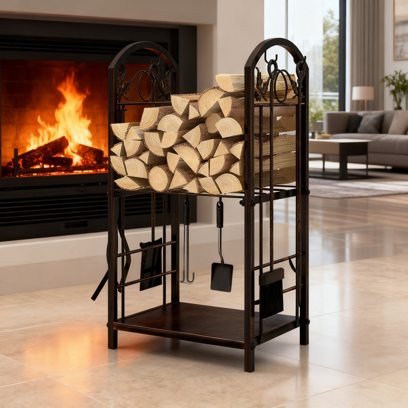 Support à bois de chauffage avec ensemble d'outils de foyer, support à bûches double couche pour le rangement intérieur du foyer, fabrication en fer résistant à la rouille avec conception de feuille d'érable décorative