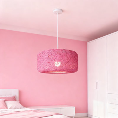 1-light Pink Rattan Drum Pendant Light Dimmable