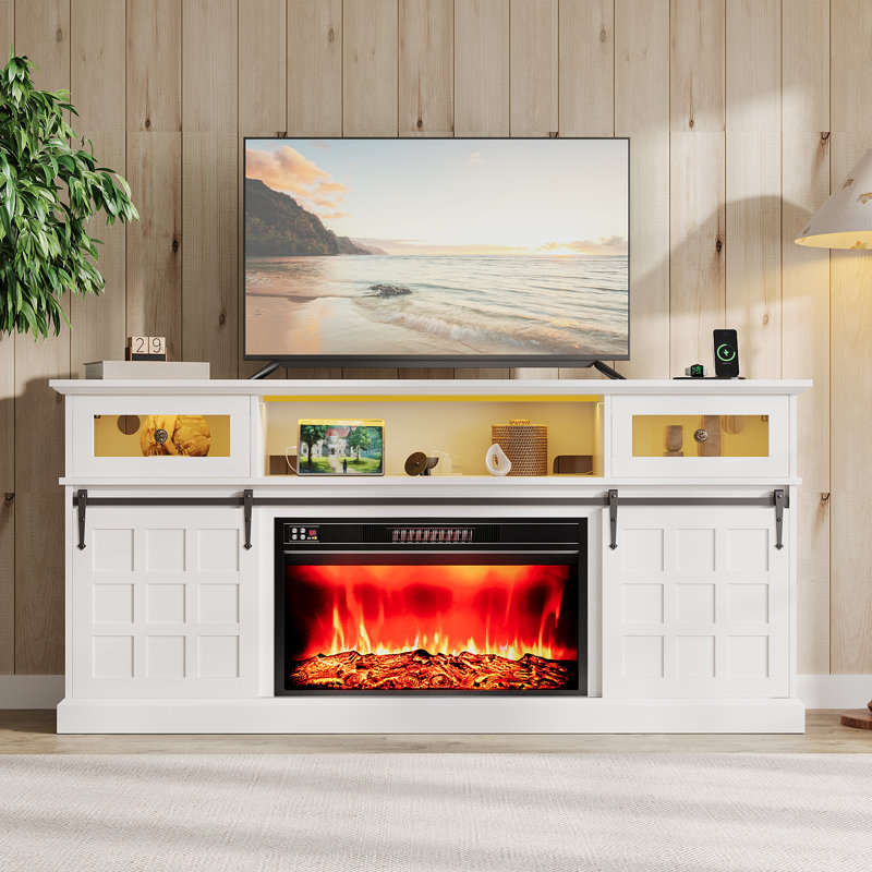 70'' White Fireplace Tv Stand For Tvs Up To 80 Inch, Entertainment Center With Led & Power Outlets , With 30" Fireplace Entertainment Center With Sliding Barn Doors