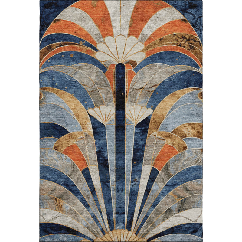 Tapis géométrique de qualité supérieure lavable à la machine Mayfield, 2 pi 6 po x 3 pi 10 po, Marine