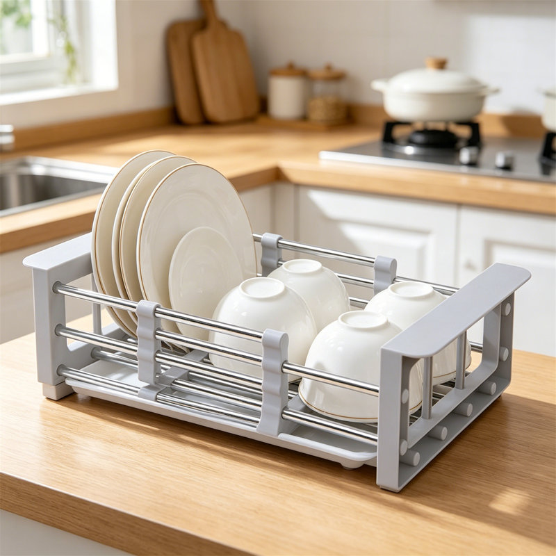Small Extendable Dish Drying Rack, Multifunctional Anti-Rust Dish Drainer with Cutlery and Cup Holders, Grey