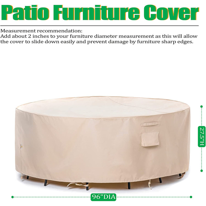 Premium Waterproof Outdoor Patio Round Table Cover: Latest Rip-Stop Fabric, 3-Year Warranty, 27.5" H x 96" W x 96" D, Beige