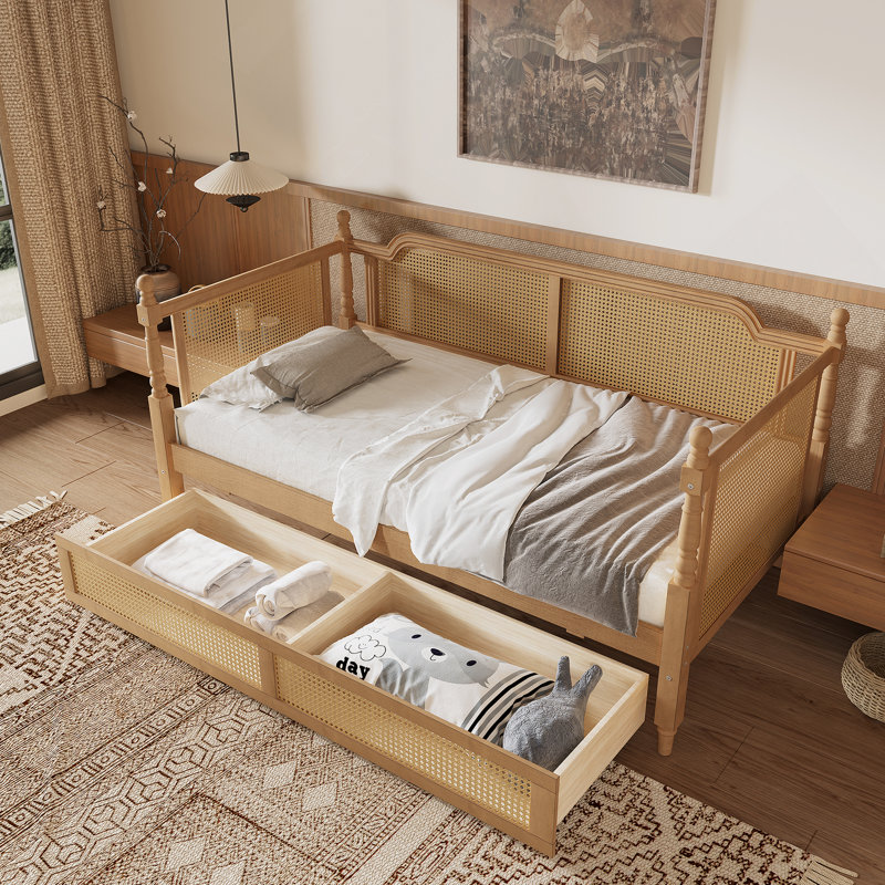 Lit de jour simple en rotin de style traditionnel avec 2 tiroirs pour un espace limité, chambre d'amis