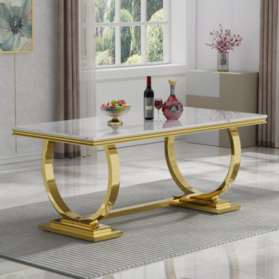 68" Marble Dining Table, Luxurious Marble Table Dining with Printed Faux Marble Tabletop and O-Shape Stainless Steel Pedestal, Modern Kitchen Dining Room Table for 8