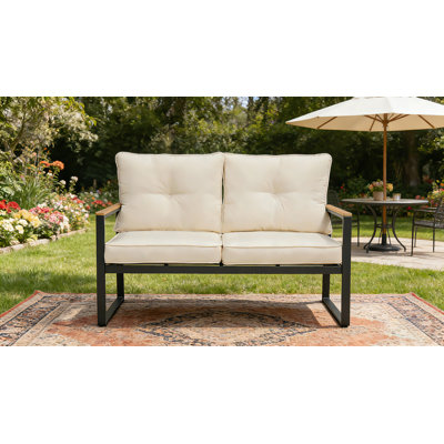Outdoor Patio Furniture Loveseat Sofa, All-Weather Metal Steel Patio Couch for Balcony, Porch, Backyard With Beige Cushion