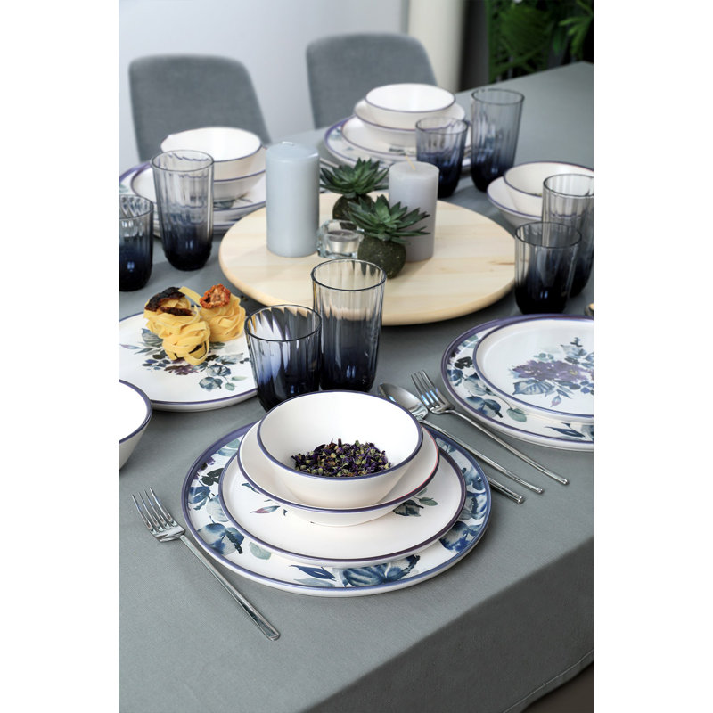 Service de table élégant en céramique 24 pièces, blanc et bleu / mauve | 100% antibactérien et céramique facile à nettoyer | Comprend 6 assiettes de service (11 po), 6 assiettes à dîner (7 po), 6 bols (5,5 po), 6 assiettes à dessert (8,7 po) | Va au lave-vaisselle jusqu'à 122 ° F