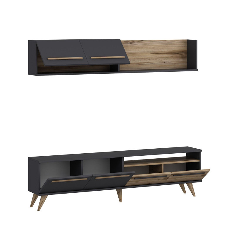 Modern TV Unit with Wall Shelf, Walnut & Anthracite, 70.9 x 17.9 x 11.6 inches | 100% Melamine Coated Particle Board | Numerous Shelves for Additional Storage | Stylish and Functional Design for Home Entertainment