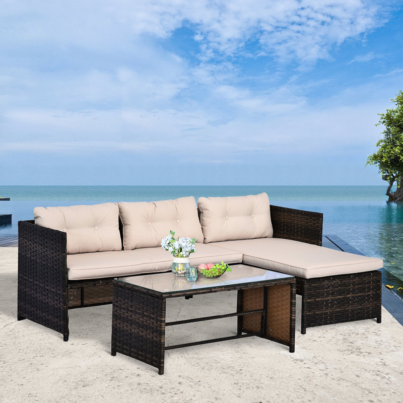 Ensemble modulaire d'extérieur 3 pièces - Patio avec méridienne, coussins, table en verre, utilisation toutes saisons, siège confortable beige, plateau de table trempé,