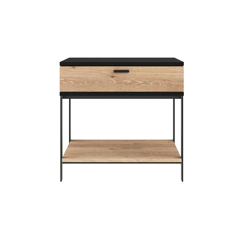 Black and Brown Oak Veneer Nightstand with Iron Legs